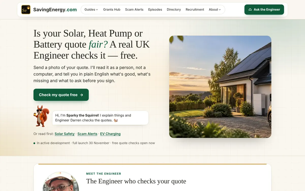 The SavingEnergy.com home page, on a laptop